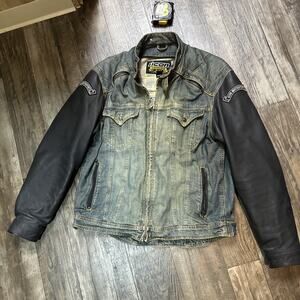 Icon Strongarm Motorcycle Biker Denim Jean Jacket Leather Sleeves Mens 3XL